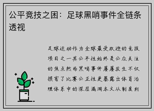公平竞技之困：足球黑哨事件全链条透视
