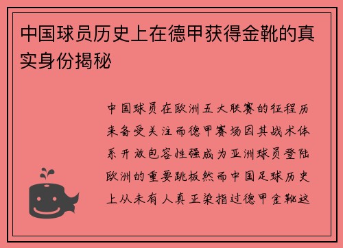 中国球员历史上在德甲获得金靴的真实身份揭秘