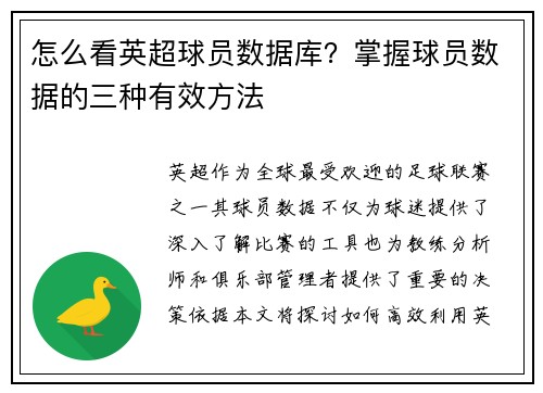 怎么看英超球员数据库？掌握球员数据的三种有效方法